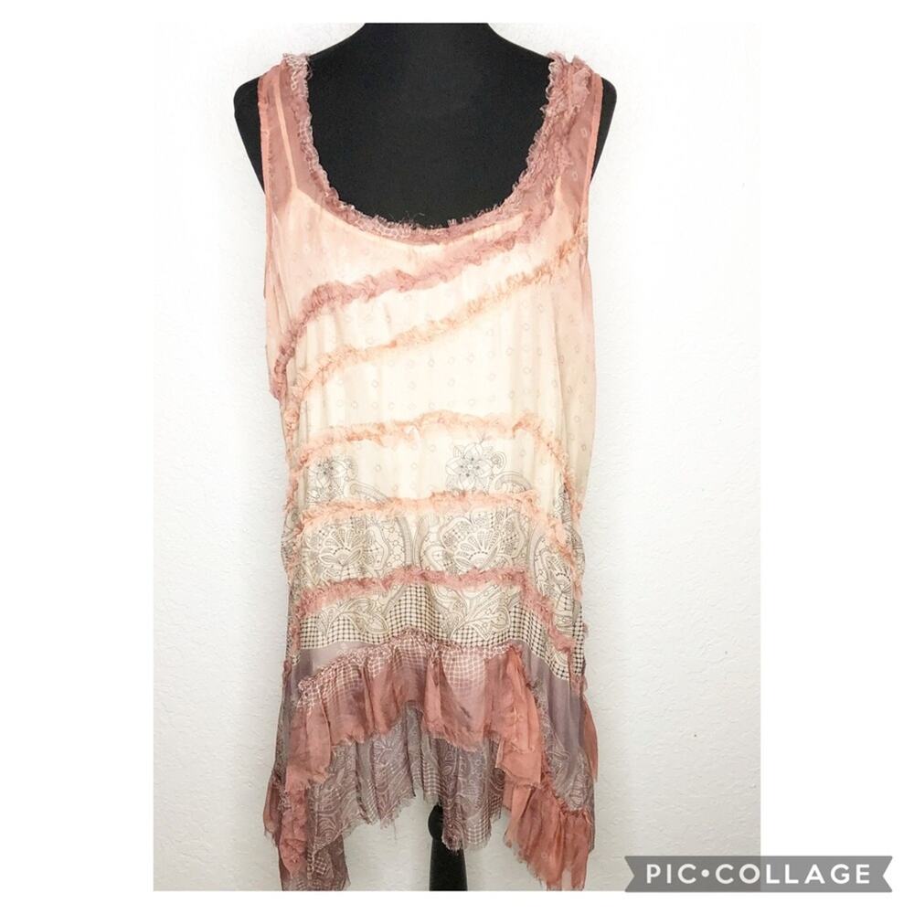 4 Love and Liberty Johnny Was pink cream silk raw edge tiered dress‎ size Large